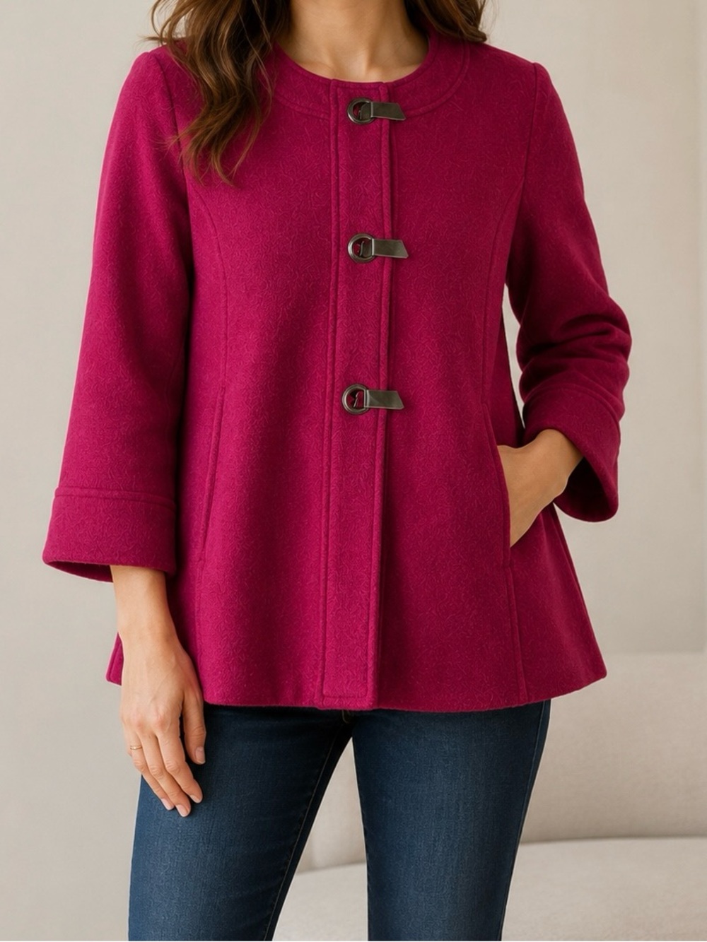 Chico’s Hot Pink 100% Wool Jacket with Silver Toggle Snaps - Size 1